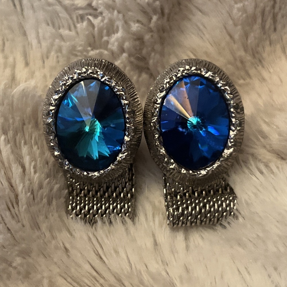 Vtg Swank Blue Rivoli Wrap Around Cufflinks Silver Tone Rhinestones MCM Estate